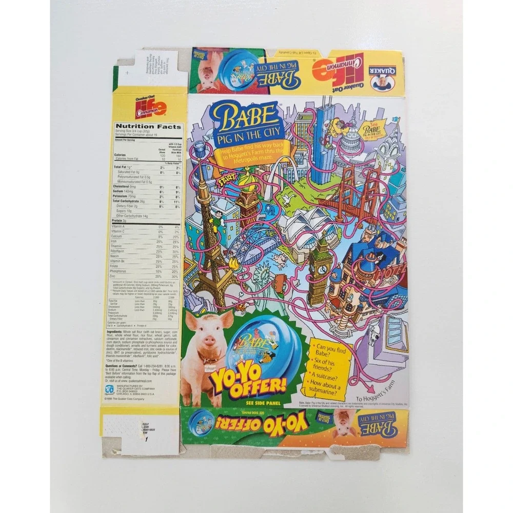 1998 Quaker‎ Cinnamon Life Vanilla Cereal Box - Babe Pig In The City Yo-Yo Offer